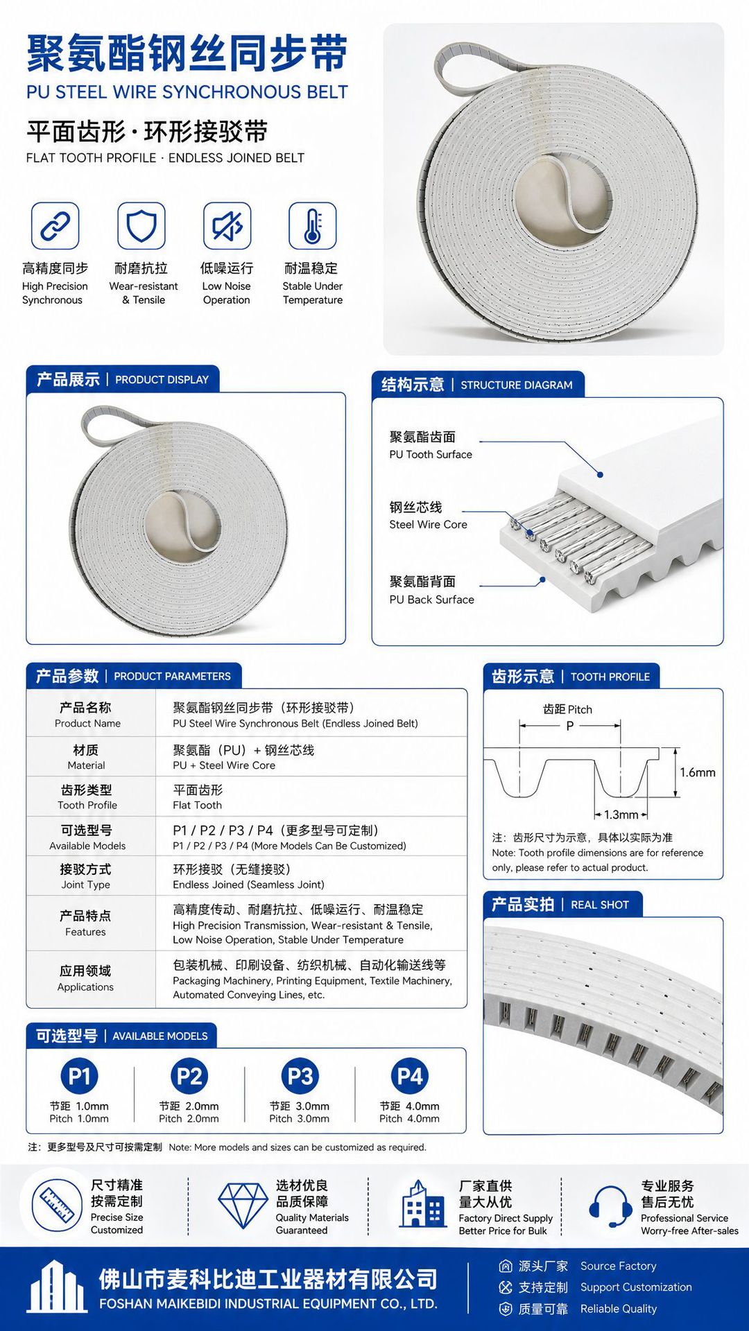 Polyurethane Steel Wire Timing Belt, Circular Connecting Belt, P1 P2 P3 P4 Flat Belt, Conveyor Belt Tooth Profile