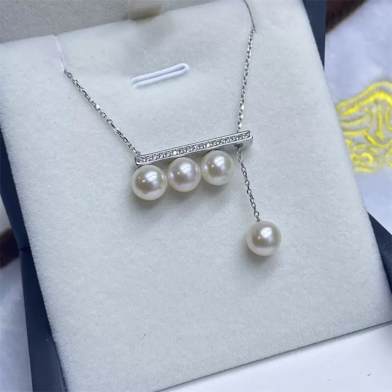 诸暨淡水珍珠经典可抽拉平衡木项链通体s925纯银搭配正圆珍珠吊坠
