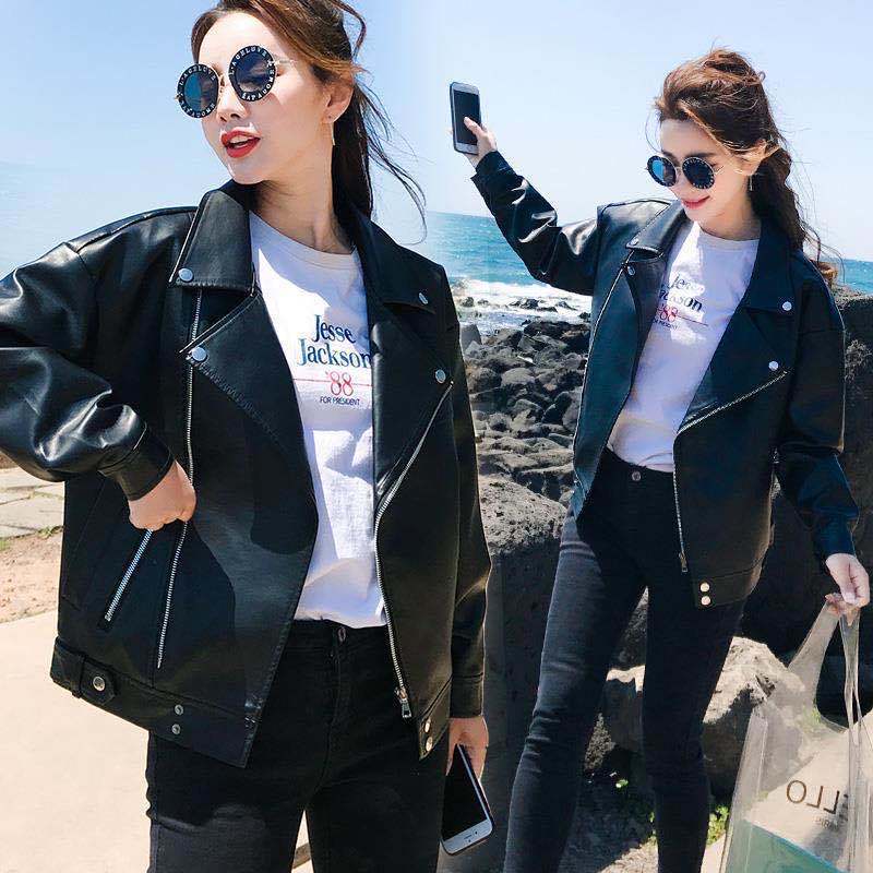 Leather Jacket for Female Students, Korean Style, Loose and Stylish, New Short Style, Autumn and Winter Fleece-Lined and Thickeneded Pu Jacket, Motorcycle Leather Jacket, Slimming Look