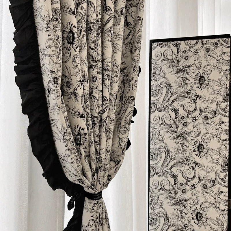 Shaoxing Curtains French Retro Chenille Yarn-Dyed Jacquard Black and White American Blackout Bedroom Living Room Bay Window Finished Curtains