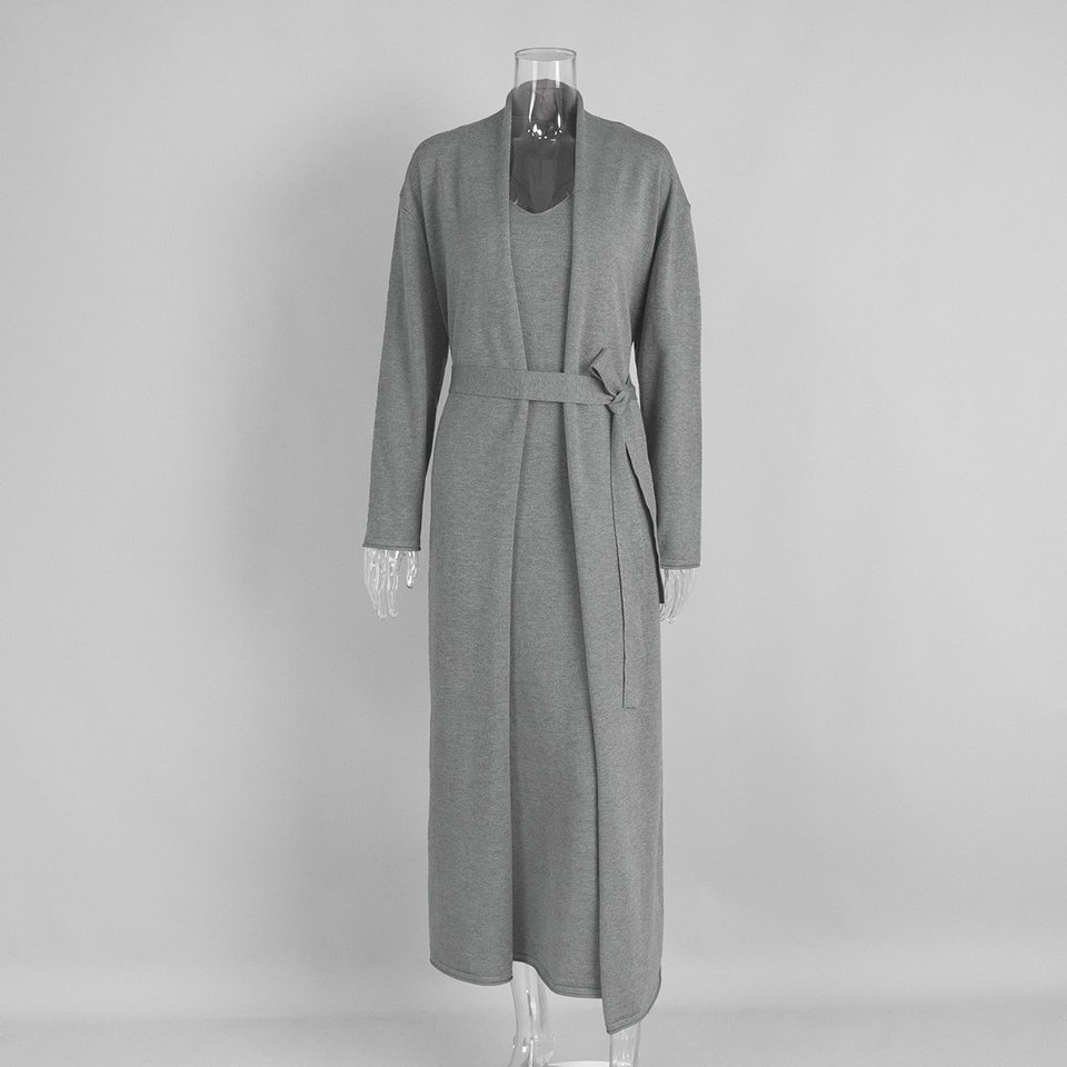 Bộ đầm dài kèm áo cardigan dệt kim dài tay nữ — Màu cà phê đậm, Màu hồng, Màu trắng, Màu xám chi tiết 22