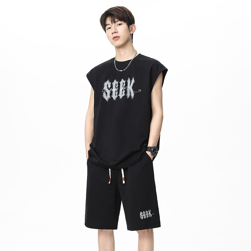 Sleeveless Vest Men's Suit American Summer Loose Fitness Sports Hurdle Cut Sleeve Top Vest Ice Silk Suit