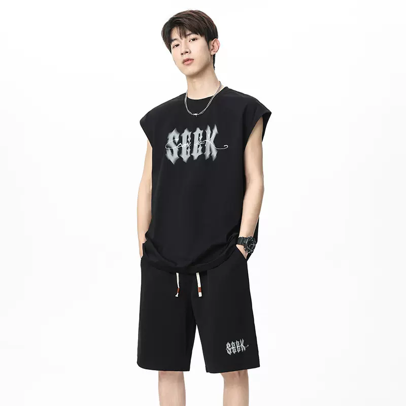 无袖背心男款套装美式夏季宽松健身运动跨栏砍袖上衣坎肩冰丝套装