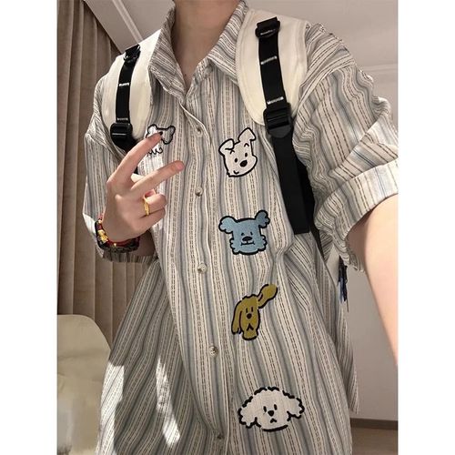 Fun cartoon dog embroidery short-sleeve shirt for men, summer couple loose lazy style casual striped shirt outerwear