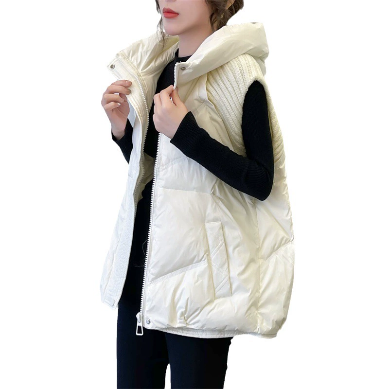 Knitted dress with hood sleevless, down jacket, vest, 2023 collection, duck down