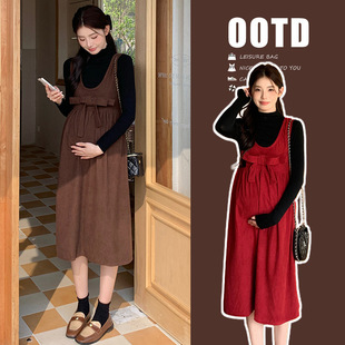 Real shot in stock Autumn New half turtleneck top + corduroy age-reducing bow pregnant women vest skirt