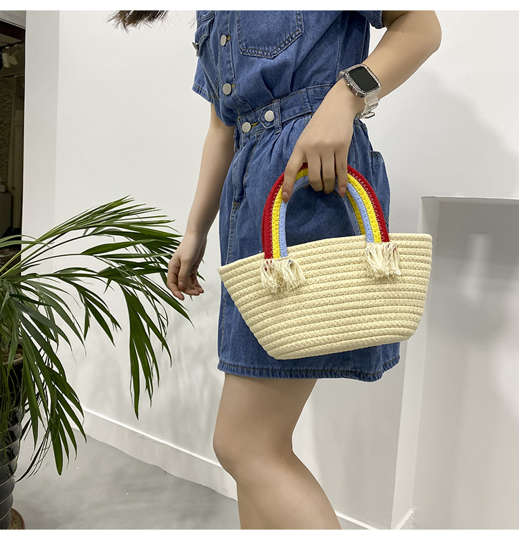 Cute rainbow hand-held small bag for women, new fashionable, casual and trendy women's bag, straw woven bag, beach vacation bag undefined