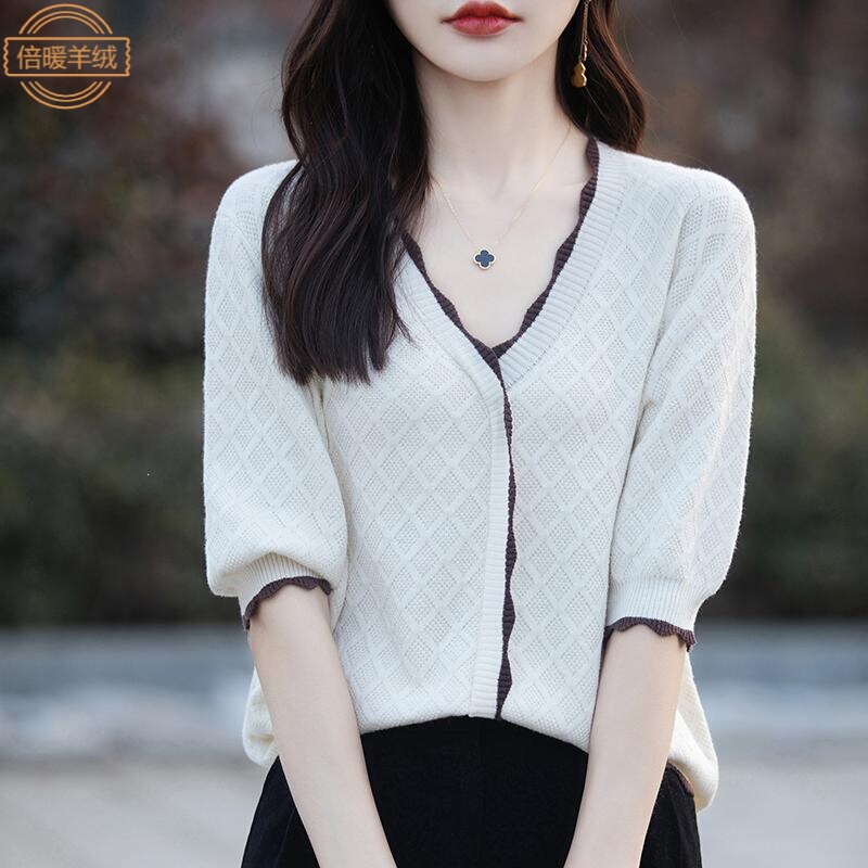 New Style 100% Pure Cotton Knitted Short-Sleeved T-Shirt for Women, V-Neck Pullover, Loose Casual Fake Cardigan Half-Sleeved T-Shirt Top New Style 100% Pure Cotton Knitted Short-Sleeved T-Shirt for Women, V-Neck Pullover, Loose Casual Fake Cardigan Half-Sleeved T-Shirt Top