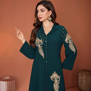 ZF4061 Dark Green Hat Muslim Robe Women Cross-border Dubai Amazon abaya Diamond Embroidered Women's Robe