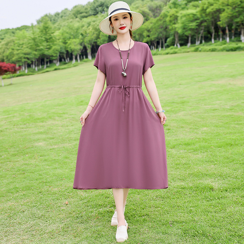 中高年向けの新しい綿シルクドレス、夏の若いスタイル、中年母親の花柄ロングスカート、エレガントなアウターウェア|undefined