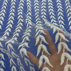 洒撒金细粉白色珠子婚纱礼服直线藤脉条码花边辅料网纱布面料厂家