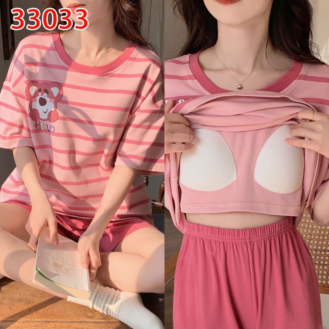 Pajamas with Chest Pad Women's Summer Short-sleeved Cotton Sweet Loose New High-value Home Clothes suit Double-layer Underwear