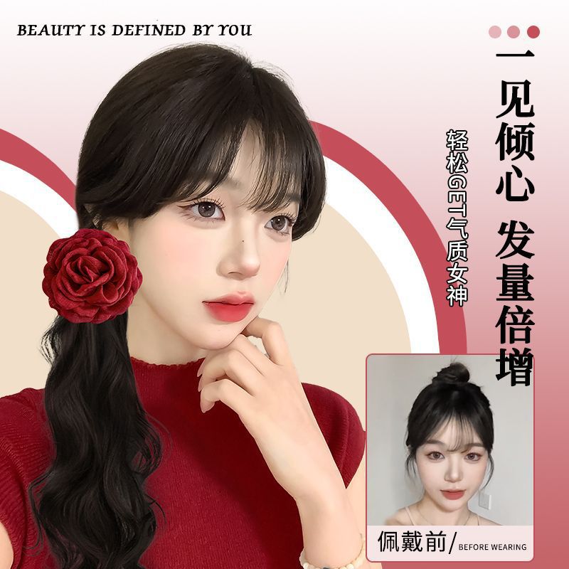 假发女网红玫瑰时尚抓夹式蓬松大波浪仿真发低扎新中式假发辫马尾