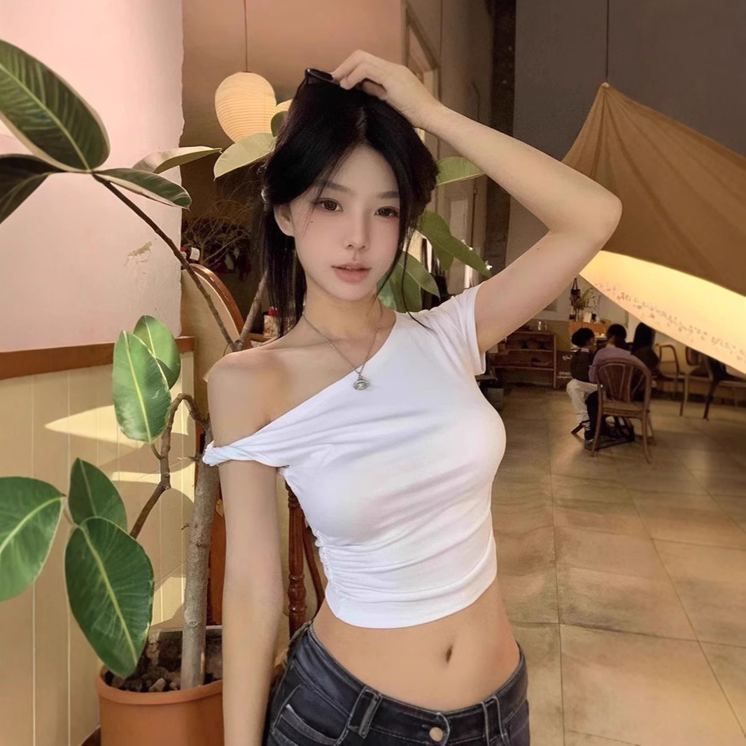 Ins Pure Sexy Shoulder-exposed Short-sleeved T-shirt Women's Summer New Slim-fit Short Spice Girl Bottoming Top Women's Trendy