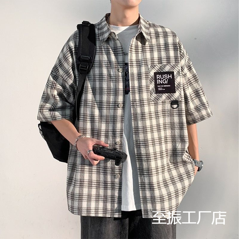 Hong Kong Style Retro Plaid Shirt Men's Short-Sleeved Summer Trendy Brand Handsome Versatile Loose Plaid Shirt Jacket Thin