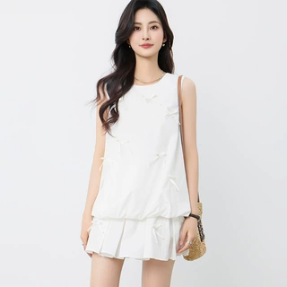 [本初]夏季减龄套装女立体蝴蝶结花苞背心无袖上衣高腰短裙两件套