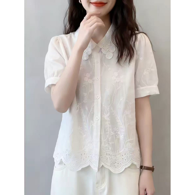 Hollow-Out Embroidered Lace Polo Collar Short-Sleeve Shirt for Women, Summer Korean Style, Sweet and High-End, Light Luxury, Age-Reducing, Stylish Shirt