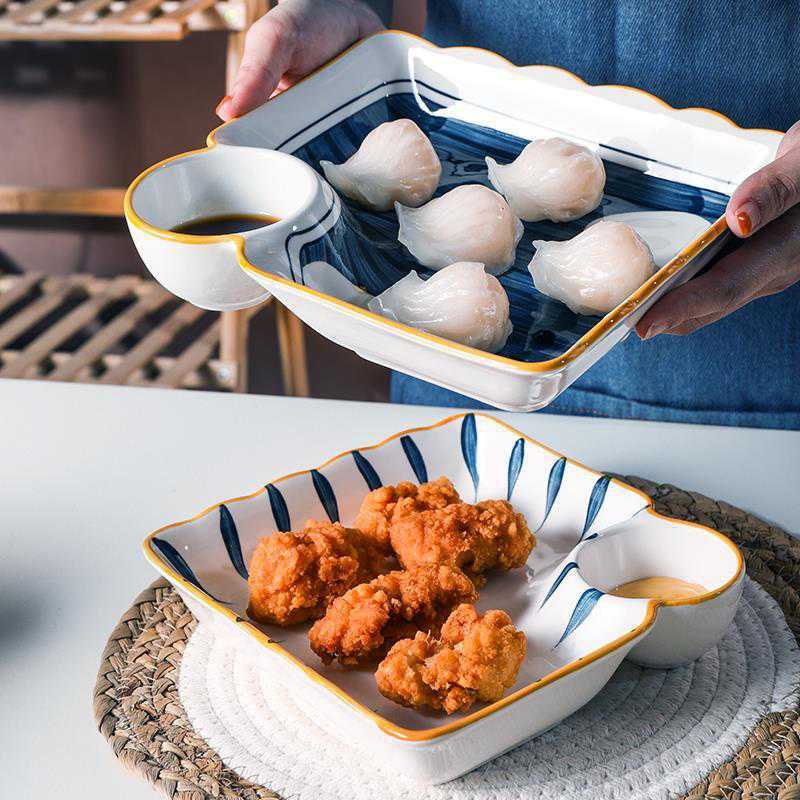日式陶瓷餃子盤蒸餃蒸蝦小吃早餐盤帶醋碟壽司盤蘸料碟分格盤