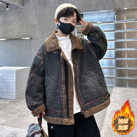 男童冬装加绒牛仔外套2025新款秋冬款中大儿童洋气加厚羊羔绒冬季