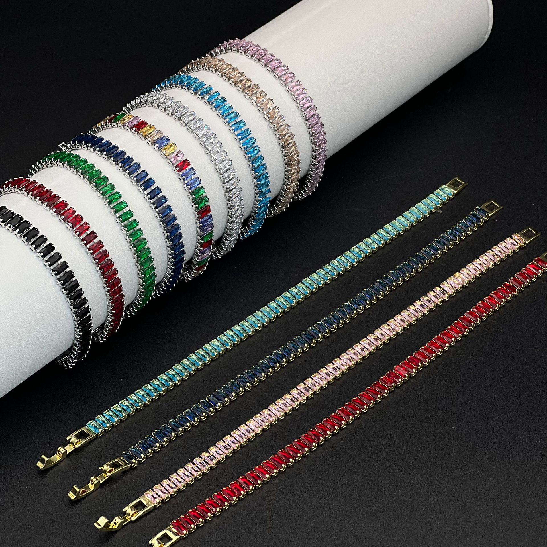 Hot-Selling Zicon 2.5*5mm Single Row Rectangula Full Diamond Tennis Multi-Colo Bacelet Coss-Bode_voghion.com