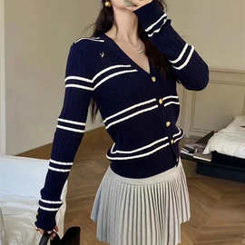 欧美外贸高端女装时尚休闲V领拼色条纹针织开衫慵懒风修身上衣女