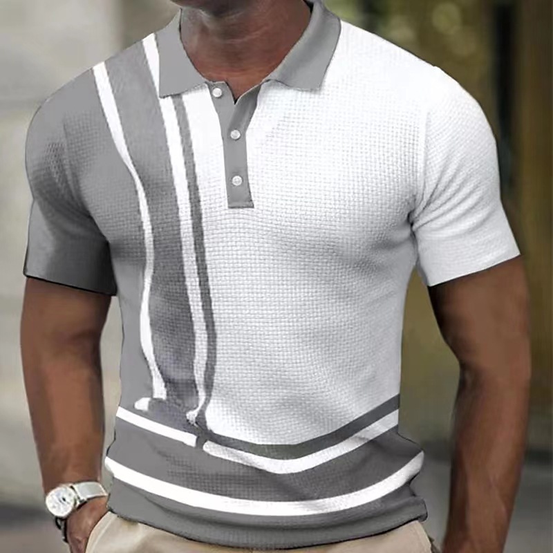 Summer New Men's Polo Shirt Short Sleeved Color Block Stripe Button Waffle Pattern T-Shirt_voghion.com