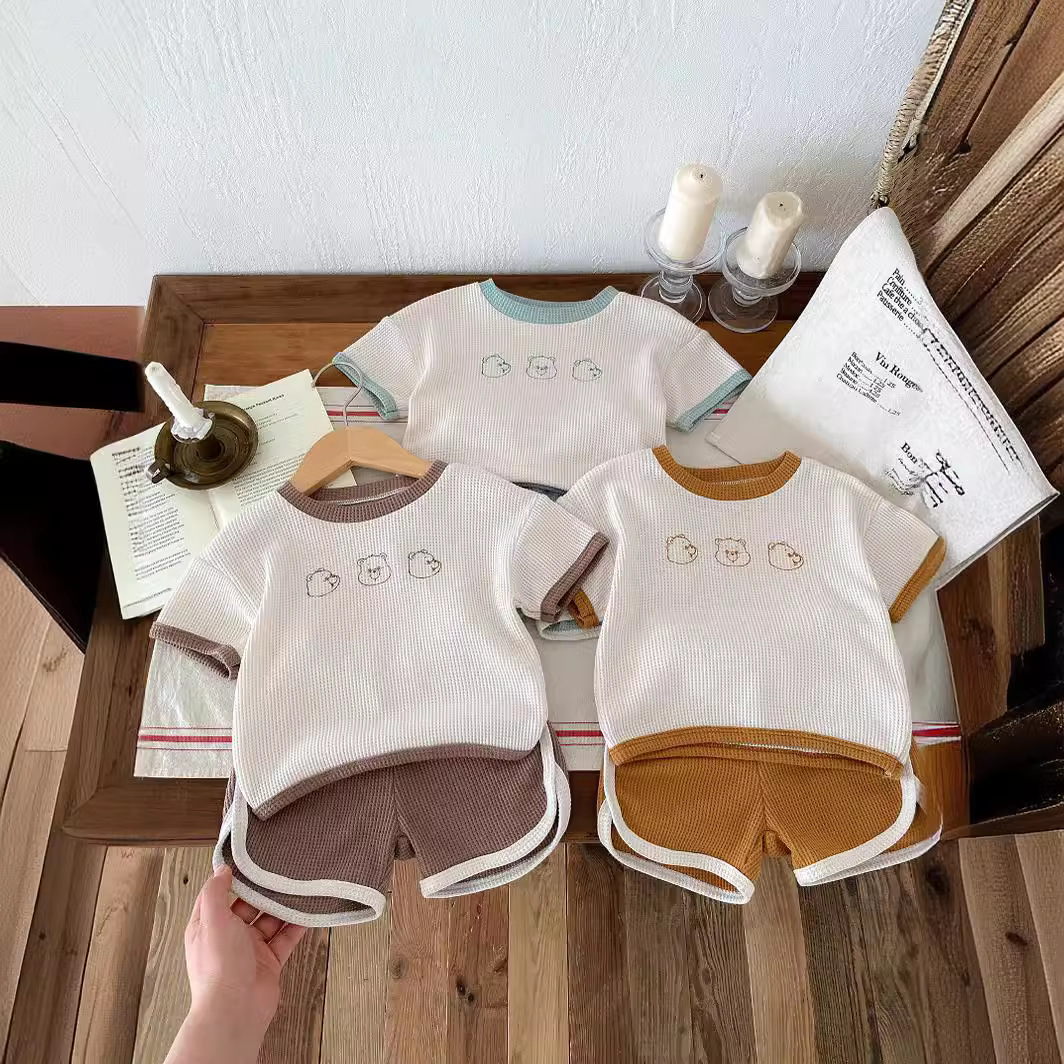 2024 Korean Style Baby Summer Wear Baby Suit Summer Waffles Short Sleeve Top Shorts Cute Bear Two-Piece Set