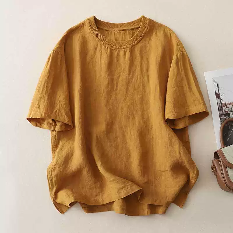 Ретро футболка с коротким рукавом, хлопок и лен, стиль leisure, размеры M–2XL