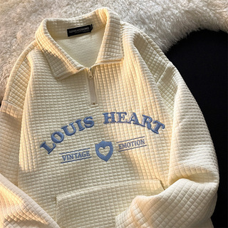 Polo de otoño 2026 con diseño de gofre y cuello vuelto, sudadera oversize bordada para mujer, top para parejas.