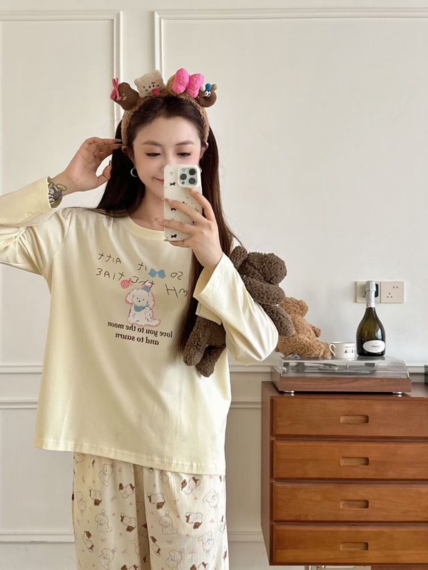 秋季新款ins少女时光蕾丝卡通冰瓷棉长袖甜美圆领休闲家居服套装|undefined