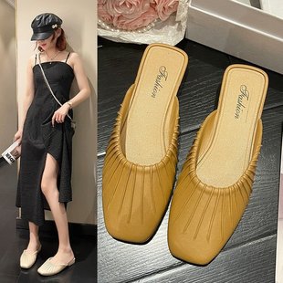 Cross-Border 2024 Summer New Style Baotou Outer Wear Flats Low Heel Slip-On Lazy Sandals Women's Half Slippers Flats