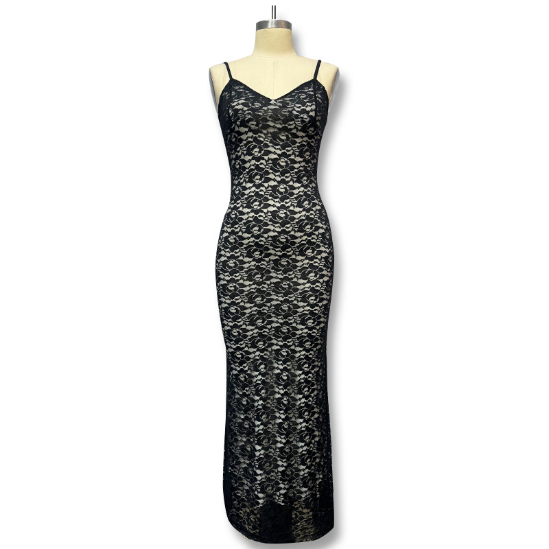 Comercio exterior Correa transfronteriza encaje costura perspectiva vestido europeo y americano SLIM-Fit color sólido sin espalda sexy vestido para las mujeres
