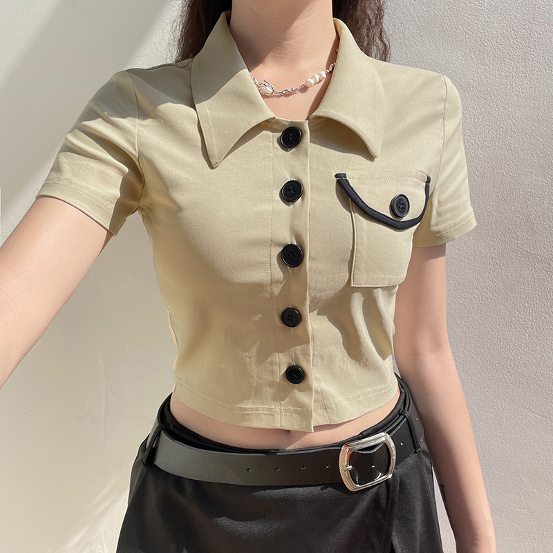 buttoned solid color lapel short sleeve slim T-shirt NSSSN133187