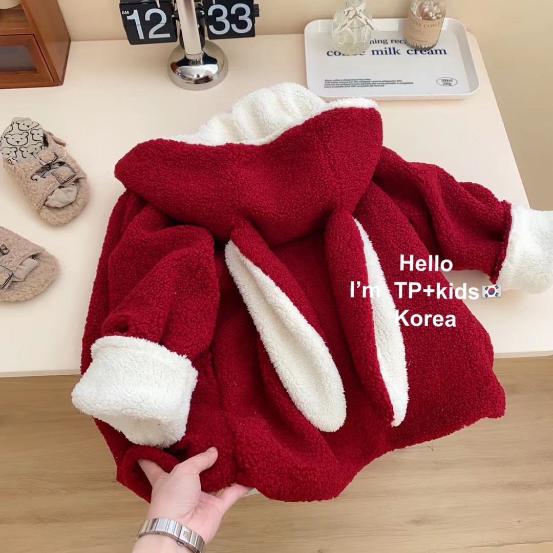 Estrella DE LOS NIÑOS ronda estilo coreano ropa la muchacha boda del bebé rojo Año Nuevo encapuchado orejas conejo rojo abrigo felpa