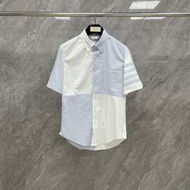 厂家直营TB色织竖条纹拼接格子短袖衬衫夏季男士商务休闲上衣潮