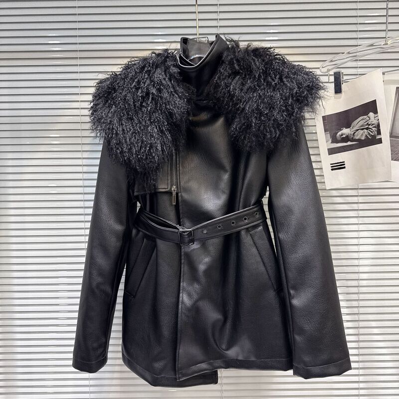 2025 New Winter Cool Style Yujie Tan Wool Collar Mid-Length Quilted Pu Leather Jacket Outwear