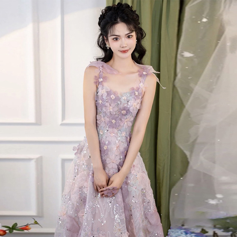 Women's Purple Lace Floral Banquet Dress High-End Slip Dress Light Luxury Niche Style New Fashion For Wedding Party Wear_ecoleips.com
