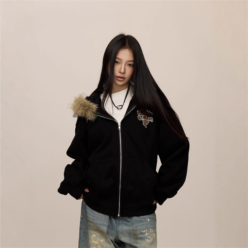 American Retro Floral Embroidered Fur Collar Hooded Jacket for Women Autumn and Winter Loose Sweatshirt Cardigan Top