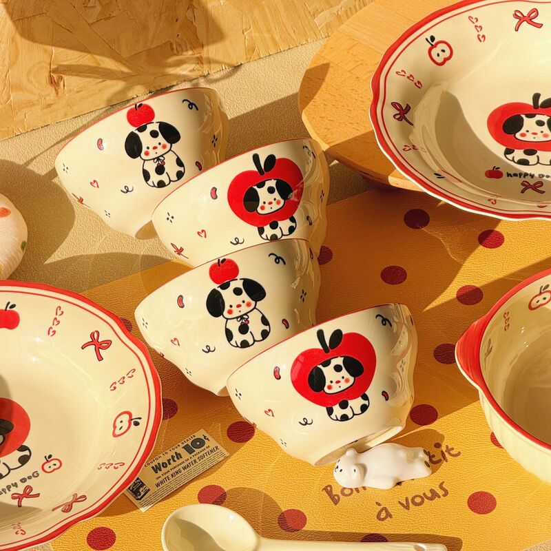 Happy Apple Puppy Ceramic Rice Bowl Soup Bowl Gourd Bowl Underglaze Color Set Cute and High-Value Design Happy Apple Puppy Ceramic Rice Bowl Soup Bowl Gourd Bowl Underglaze Color Set Cute and High-Value Design