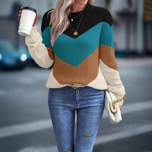 Oriental and Western Spring and Autumn Color Collision Sweater, Striped Loose Casual Women's Knitted Top