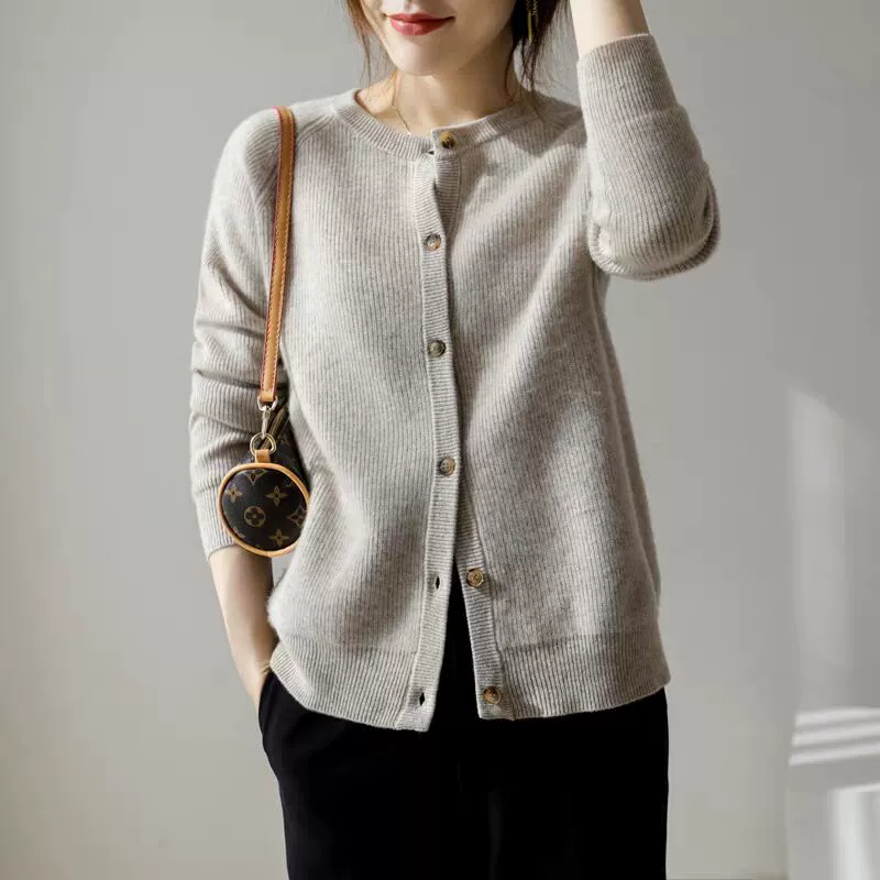 Demi-season cardigan, woolen sweater, jacket, round collar, loose fit