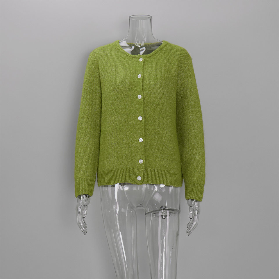 Áo khoác cardigan len nữ cổ tròn dài tay cài một hàng cúc phong cách retro thanh lịch — Màu trắng, Màu xám đậm, Xanh da trời, Xanh lá cây chi tiết 26