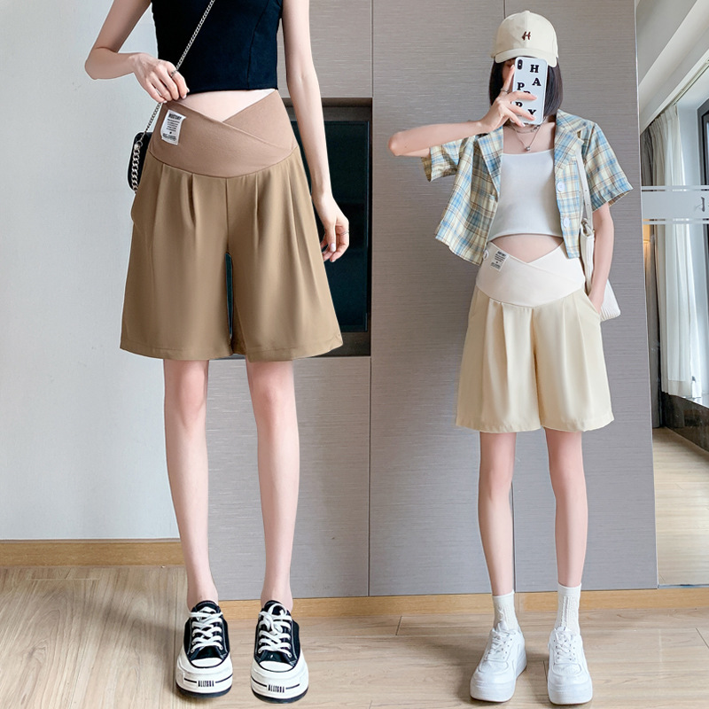 2024 New Maternity Ice Silk Low-Waist Wide-Leg Fashion Slimming Outerwear Five-Point Pants Straight-Leg Suit Shorts