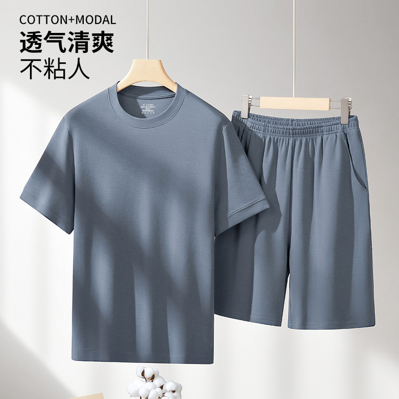 Ropa de casa de hombre de capa de aire jacquard de textura de sarga de doble cara de alta gama, traje de pijama de manga corta para deportes