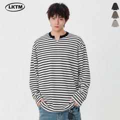 LKTM男装 秋季新款条纹简约小V领长袖T恤男女百搭慵懒风休闲上衣