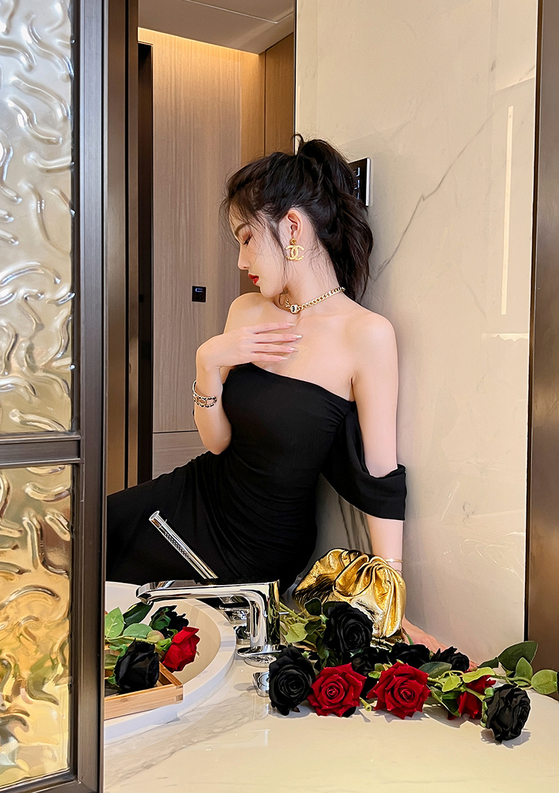 Đầm ôm body nữ trễ vai cổ một đường, phong cách hot girl mùa hè — Màu đen chi tiết 29