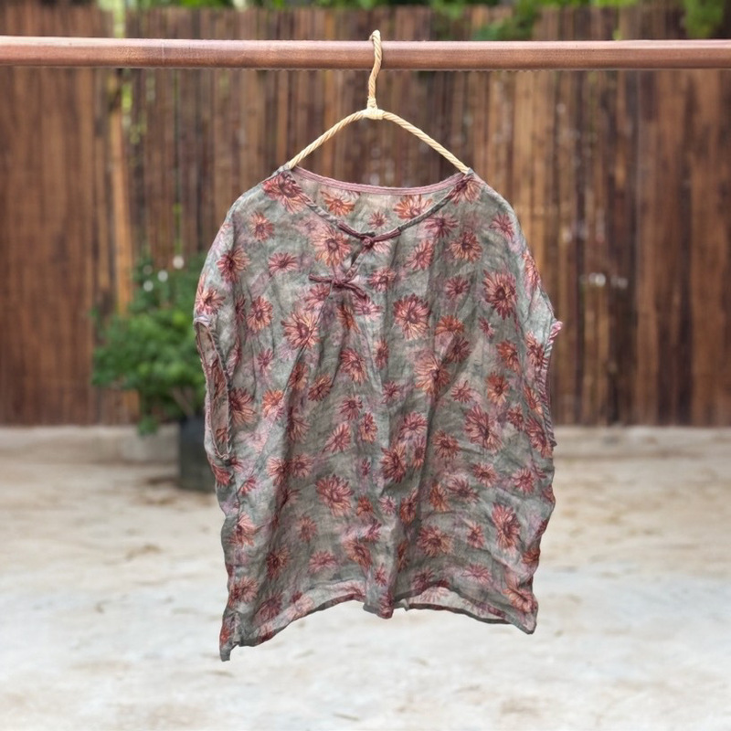 272 Lightweight Summer Style Printed Ramie Traditional Chinese Shirt Hand-Sewn Buttoned Sleeveless Top