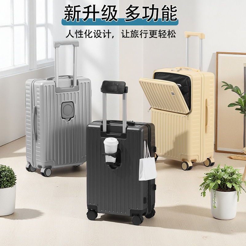 Portable Lightweight Travel Case Abs+Pc Hard Shell Suitcase Universal Wheel Mobile Phone Holder Water Cup Holder 20inch Black