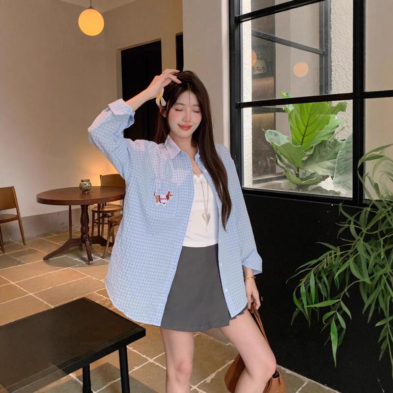 蓝色休闲腊肠狗刺绣格子衬衫女2025春秋宽松百搭小众叠穿上衣外套|undefined