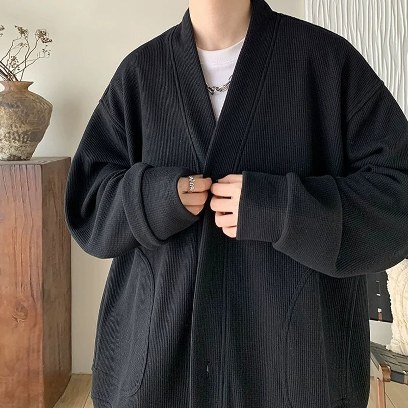纯黑色日系慵懒风外套男潮流华夫格V领开衫宽松情侣薄款春秋夹克|undefined